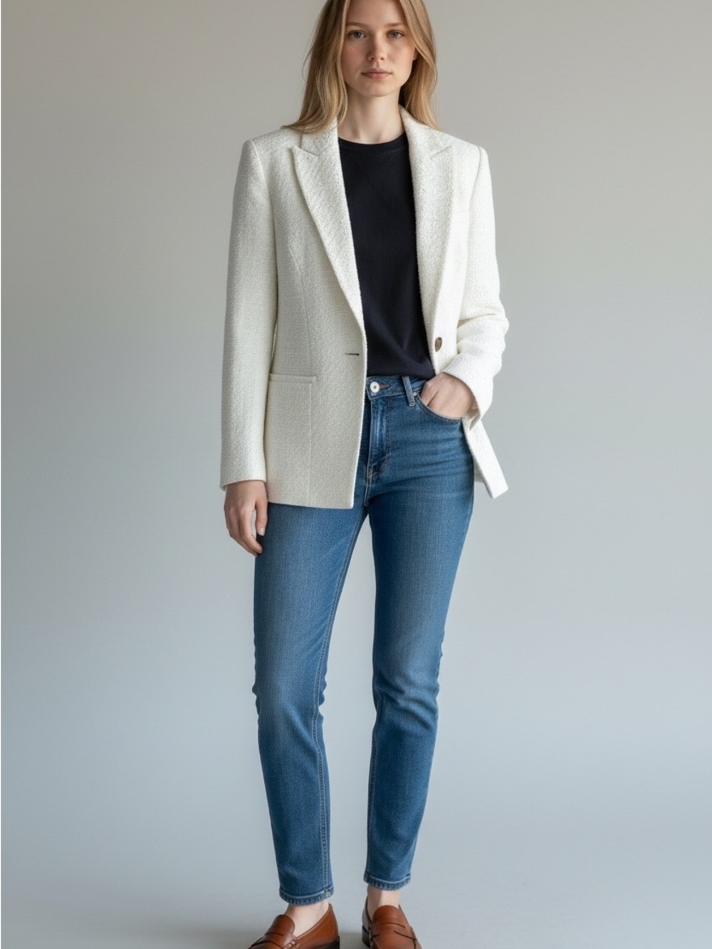 River Island Cream Bouclé Blazer with Gold Buttons